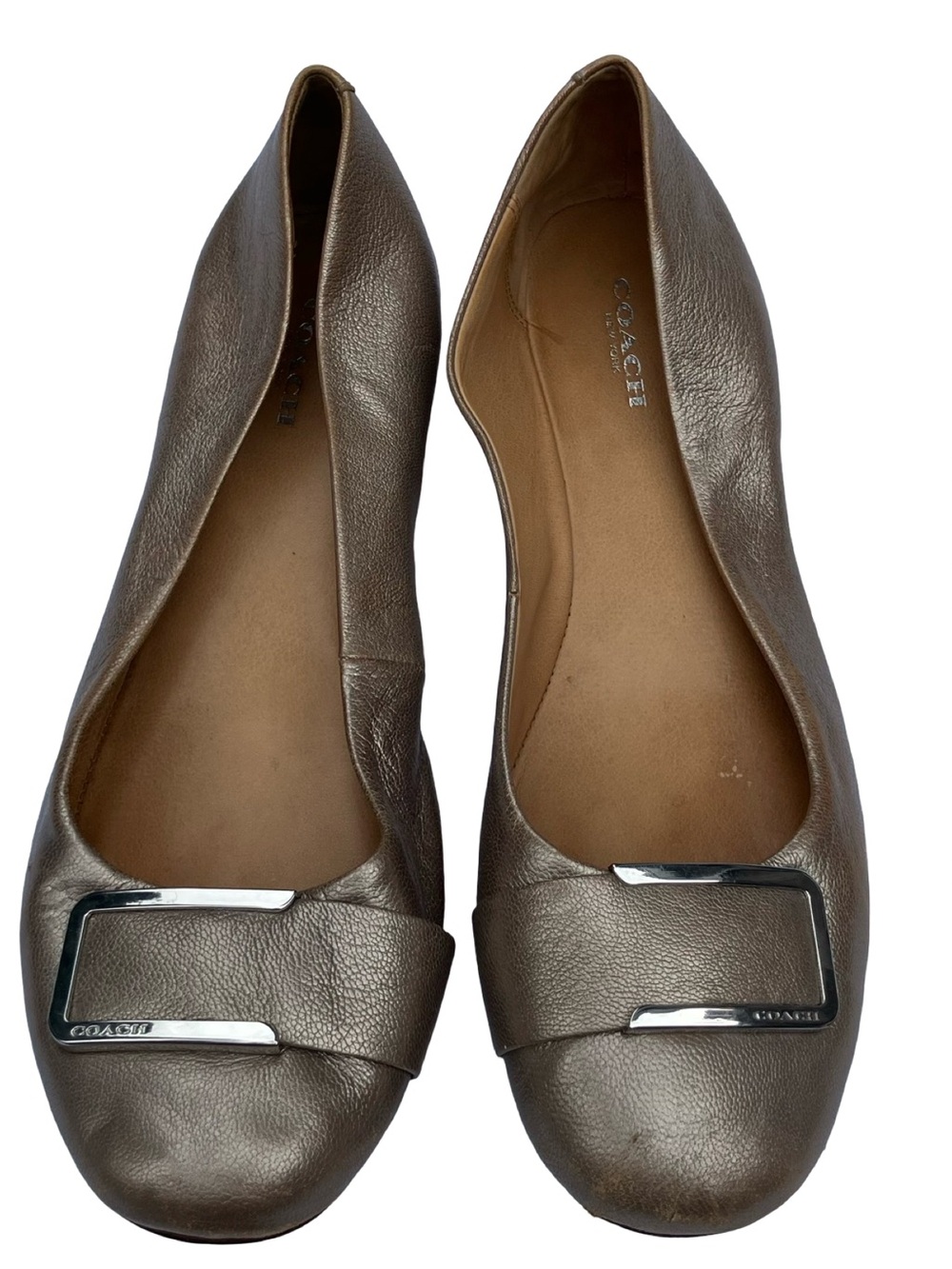 Coach Metallic Taupe Leather Ballet Flats with Silver Buckle